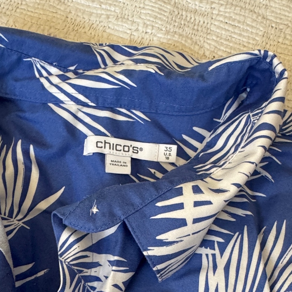 Chicos Blue and White Palm Print Shirt - Picture 3 of 6